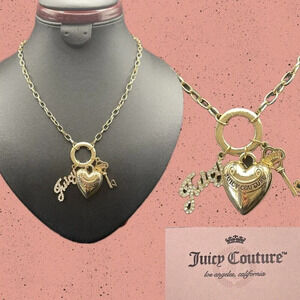 Juicy Couture Gold Logo Heart-Pave Script Name -Crown Key Charm Chain Necklace